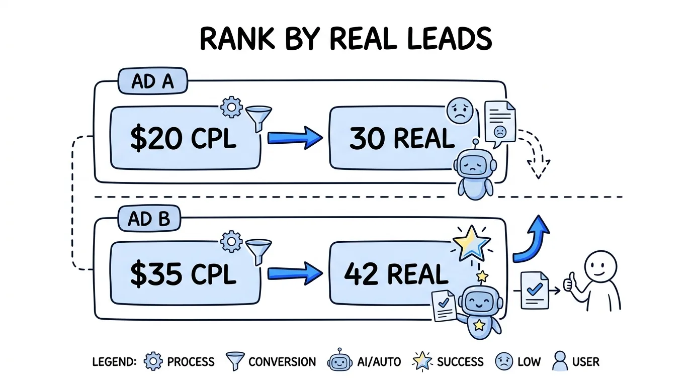 ad attribution for lead generation shown through two ads where the higher cost-per-lead ad wins on real leads