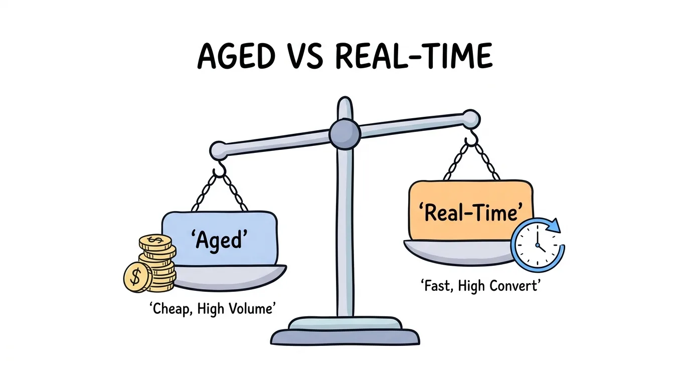 aged leads versus real-time leads shown as a balance scale weighing price against speed