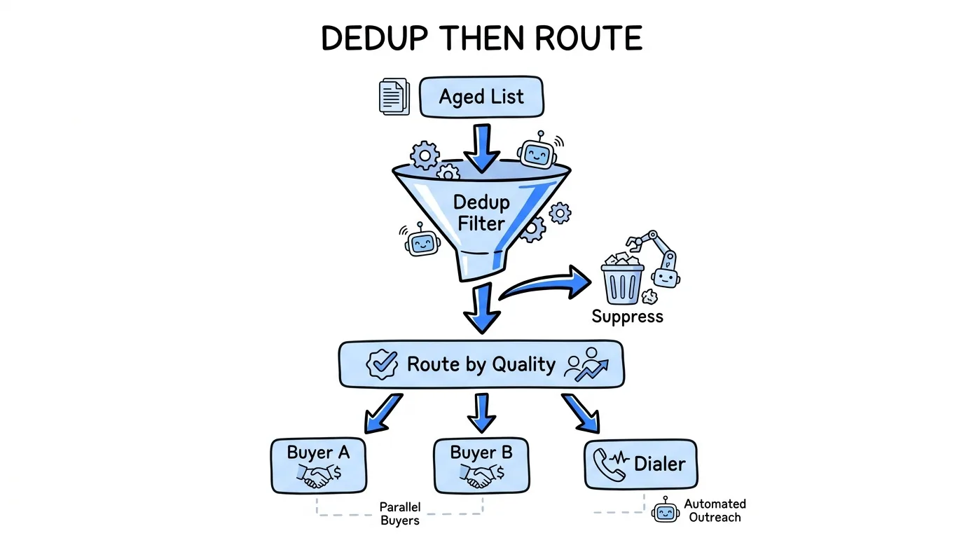 aged leads distribution workflow showing dedup filtering before routing to buyers