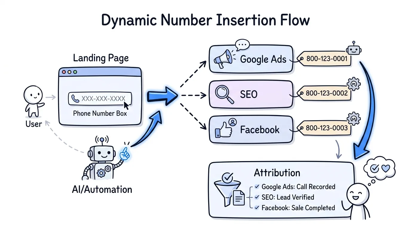 Call tracking software attributing inbound calls to marketing sources through dynamic number insertion