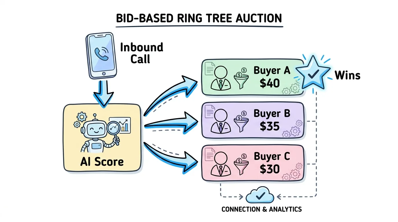 Call tracking software ring tree auction routing a scored inbound call to the highest-bidding buyer