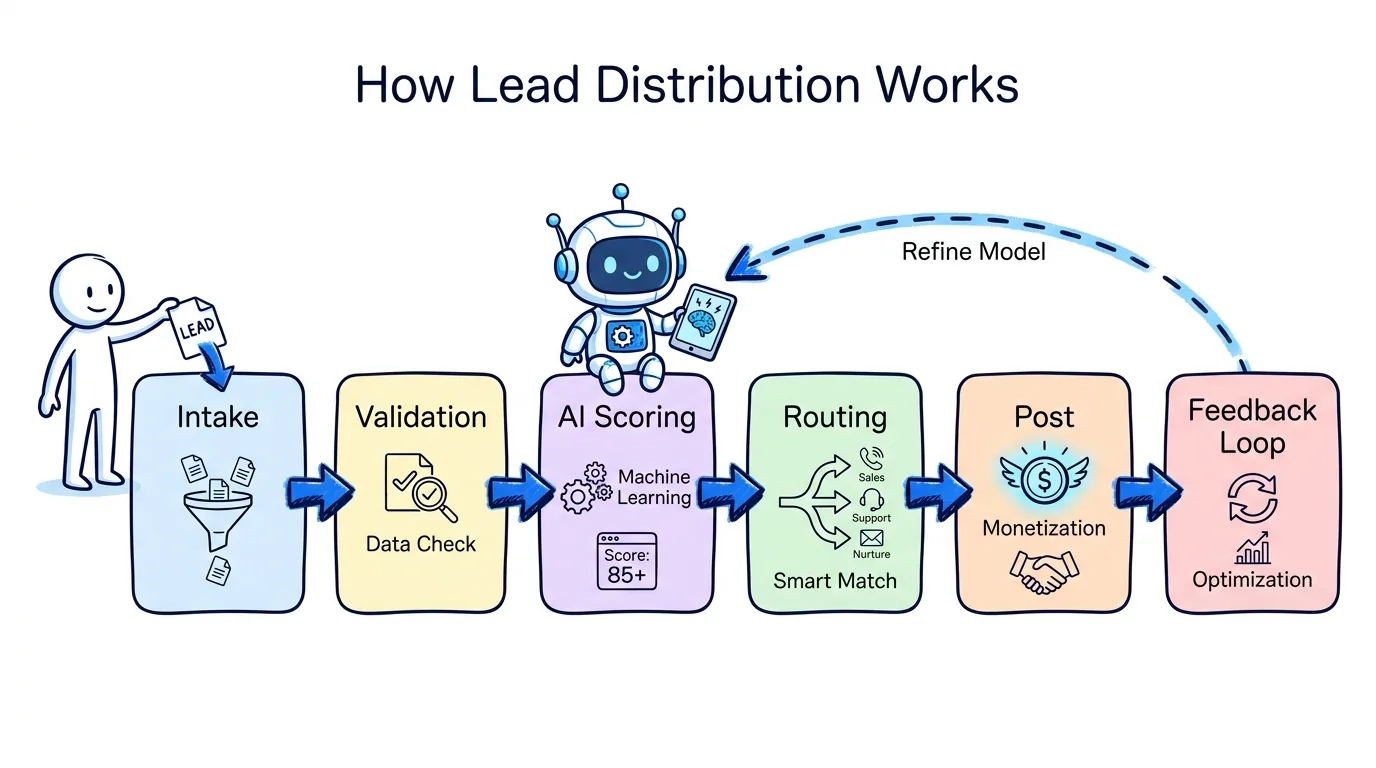 How lead distribution software works, shown through a six-step napkin diagram from intake to feedback loop with AI scoring