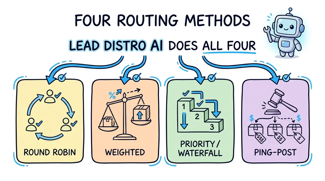 Four lead routing methods compared, shown through a napkin diagram of round robin, weighted, priority/waterfall, and ping-post