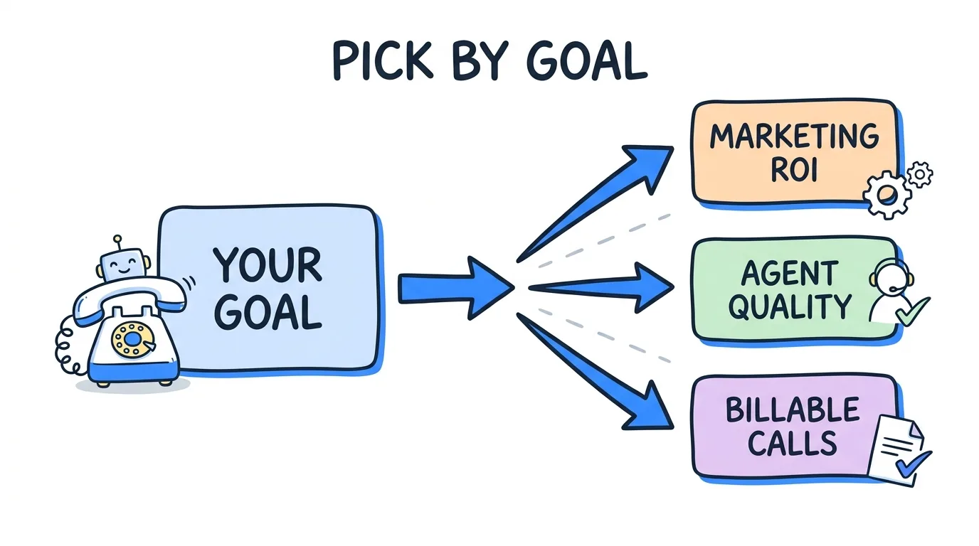 call analytics software comparison shown through a decision flow that sorts platforms by goal