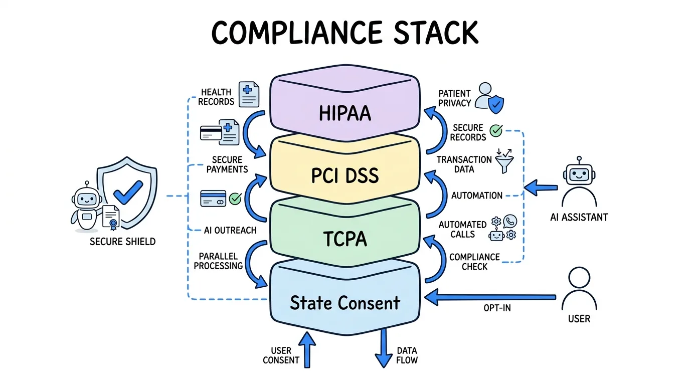 call recording compliance shown as a four-layer stack of state consent, TCPA, PCI, and HIPAA
