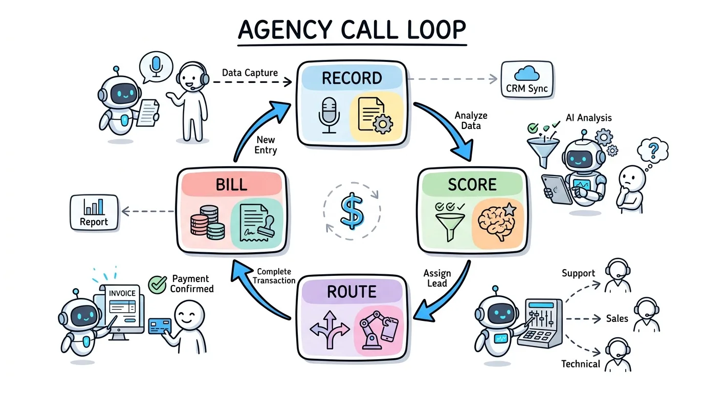 call center call recording software shown in a record, score, route, and bill loop for agencies