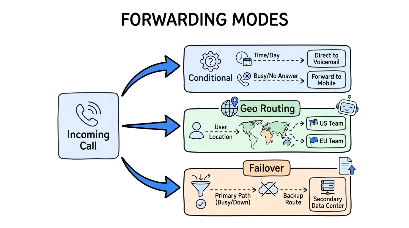 call forwarding software shown through three branches for conditional, geo routing, and failover forwarding