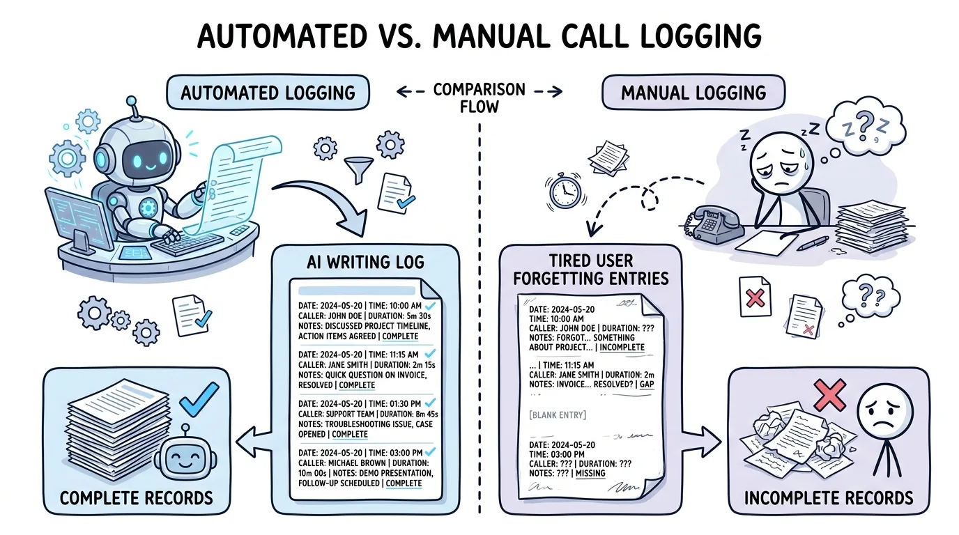 call logging software shown through automatic capture versus incomplete manual CRM entry