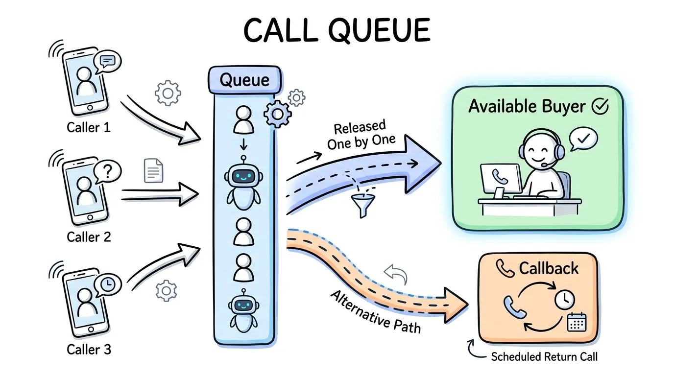 call queue software shown through callers waiting in a holding line before connecting to an available buyer
