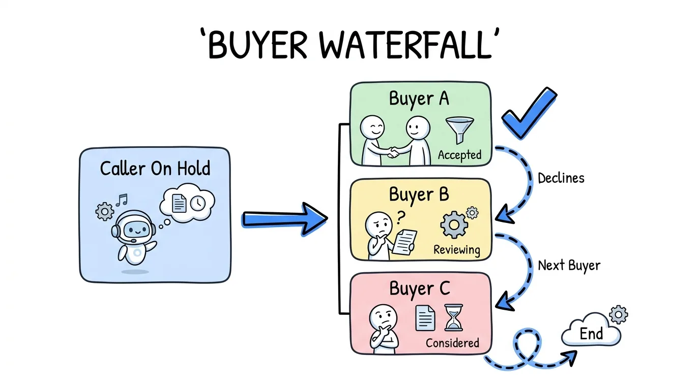 call queue software shown through a held caller being offered to ranked buyers in a waterfall until one accepts