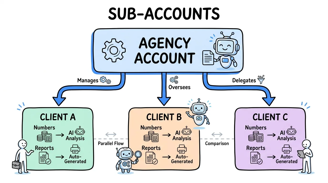 call tracking for agencies illustrated through an agency parent account branching into isolated client sub-accounts