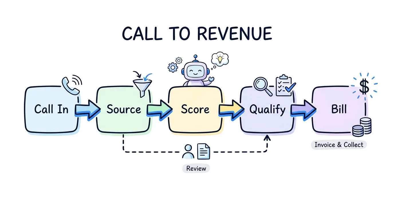 call tracking metrics shown through a connected flow from tracked call to billed revenue