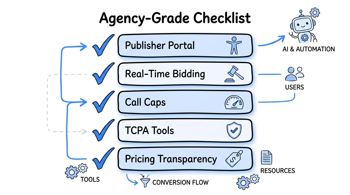 Five evaluation criteria for pay-per-call call tracking software shown as a napkin checklist diagram
