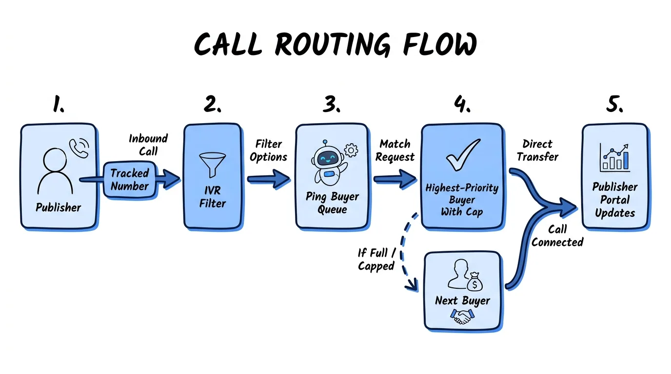 Pay-per-call routing flow through Lead Distro AI from tracked number to IVR filter to buyer queue to publisher portal