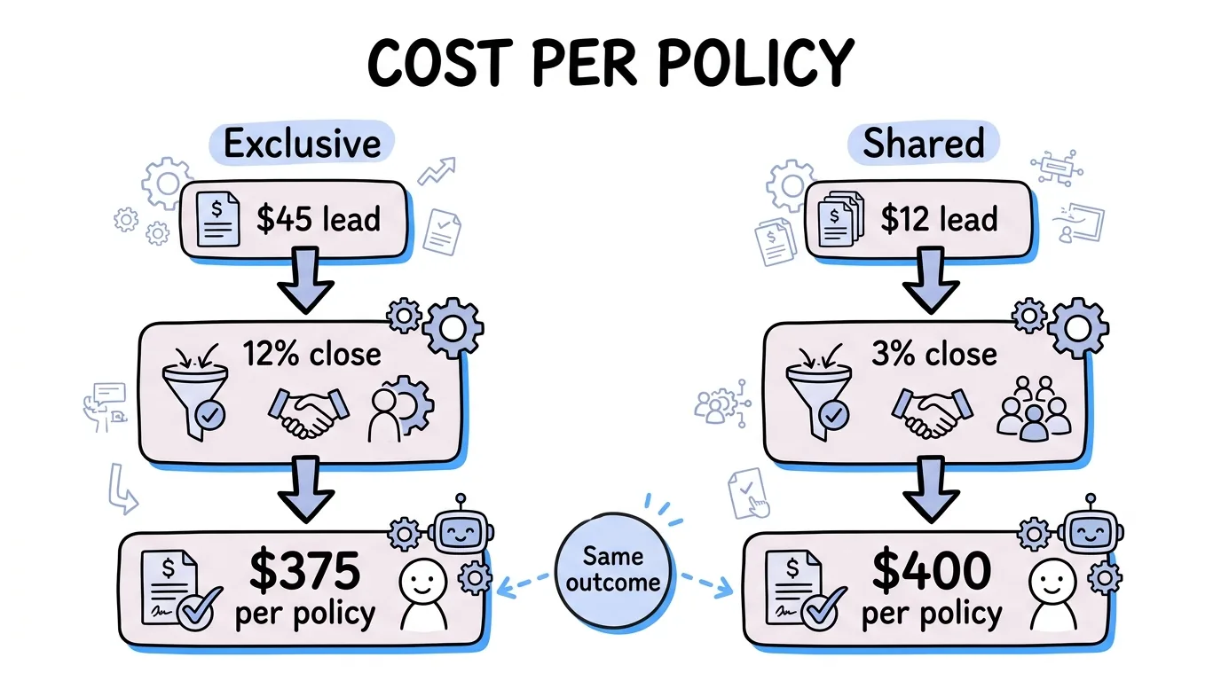 exclusive insurance leads versus shared insurance leads compared by true cost per policy bound