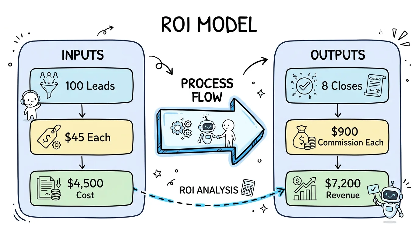 final expense leads ROI model diagram showing cost inputs and commission outputs for 100 leads