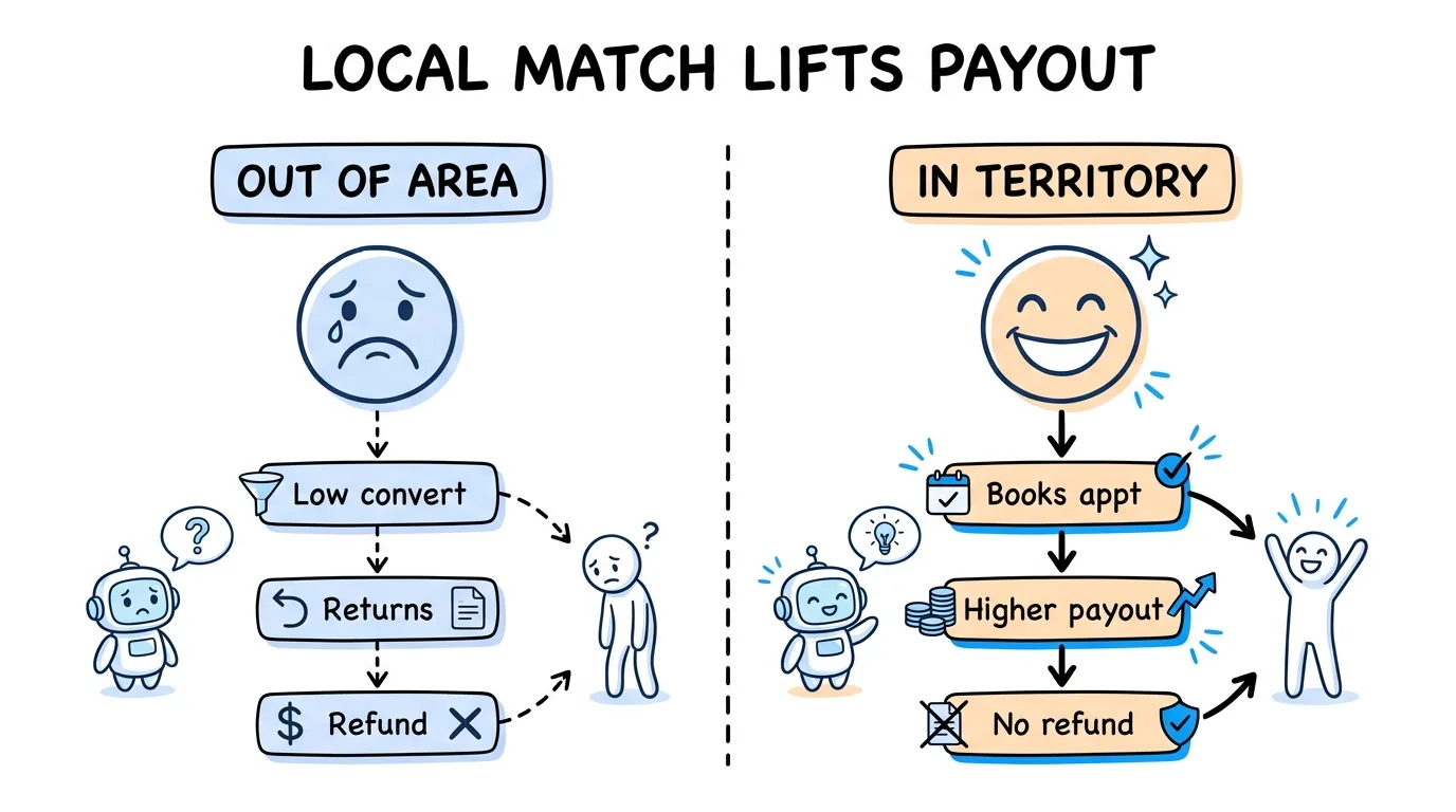 geographic lead routing shown through the payout difference between out-of-area and in-territory leads