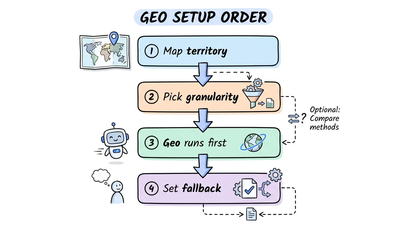 geographic lead routing shown through the four-step order for setting up coverage rules