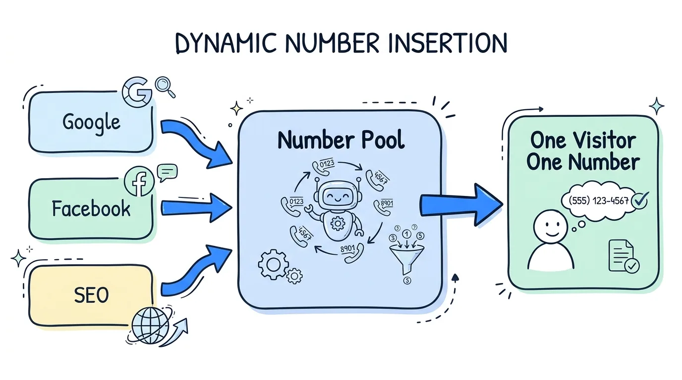 phone call tracking shown through dynamic number insertion swapping numbers by source