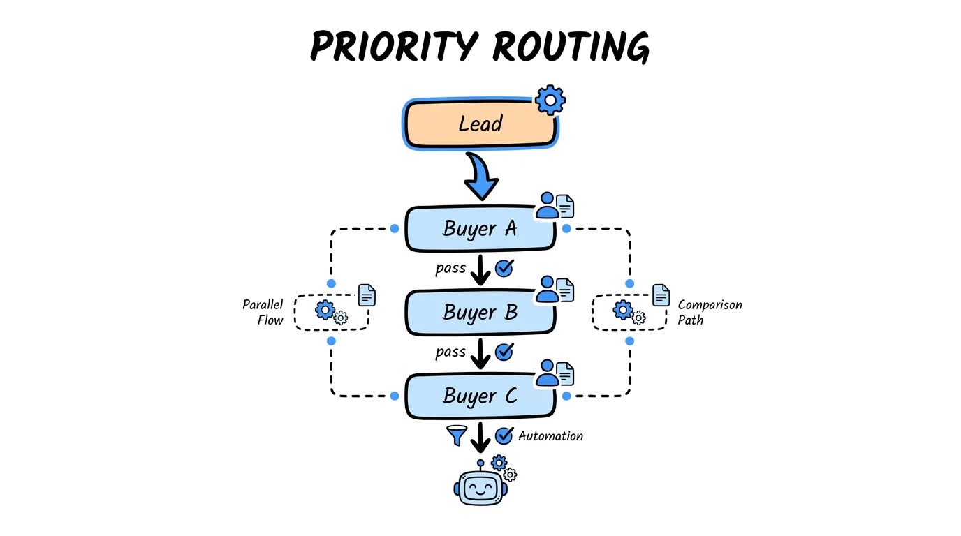 claude ping post automation illustrated as Priority waterfall routing cascading from a lead down through three ranked buyers
