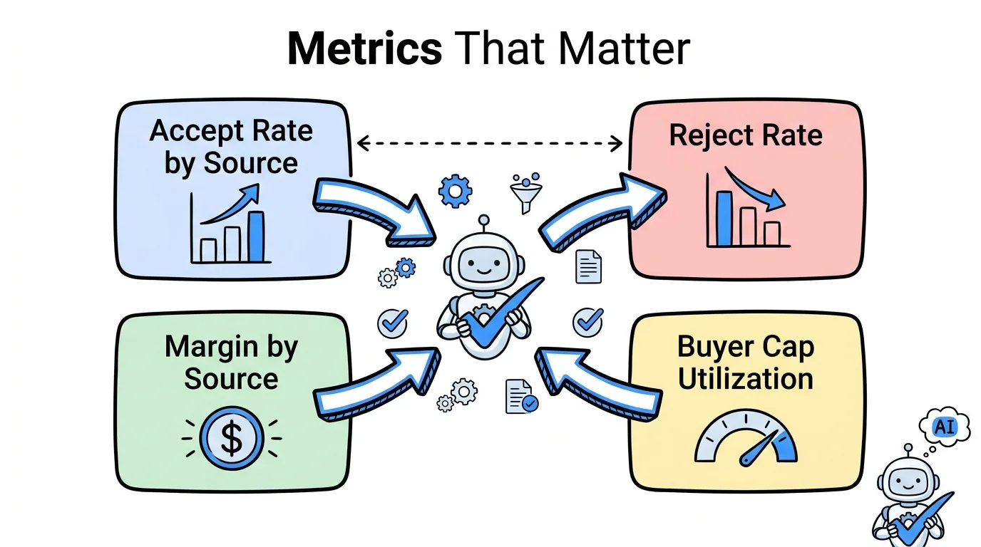 claude lead source analysis metrics shown as labeled cards for accept rate, reject rate, margin by source, and buyer cap utilization