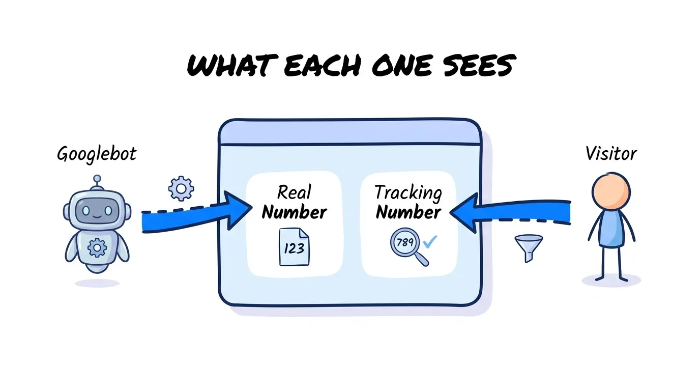 dynamic number insertion seo shown through Googlebot seeing the real number and visitors seeing the tracking number