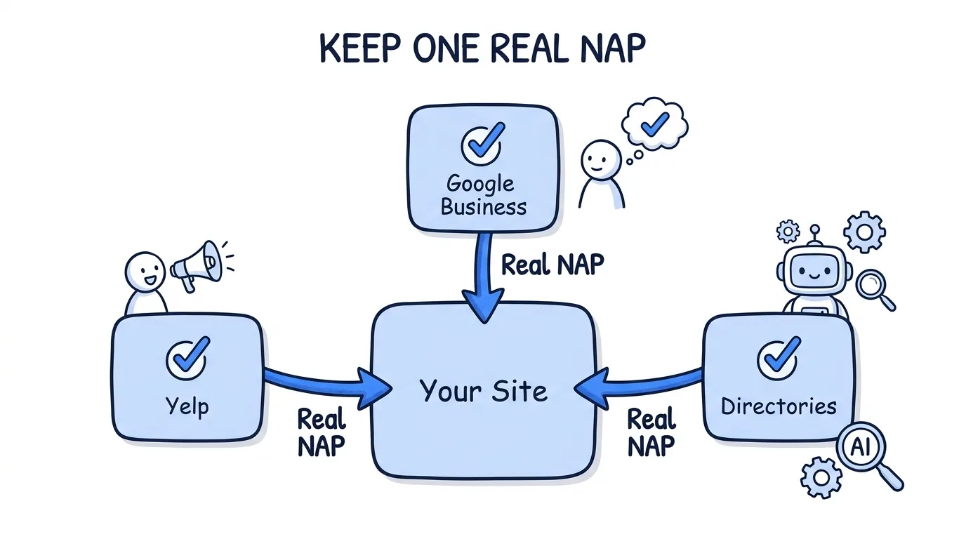 NAP consistency shown through keeping one real number across directories while DNI runs on the site
