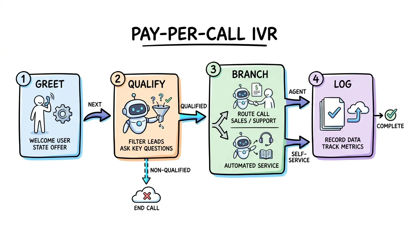 ivr software shown through a four-step pay-per-call call flow from greeting to logging