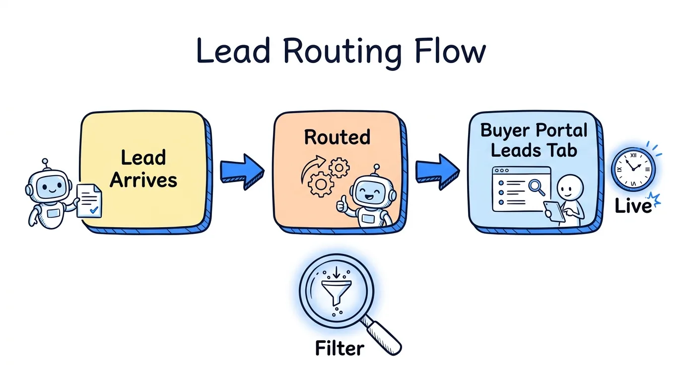 lead buyer portal features real-time feed shown through a three-step routing flow diagram