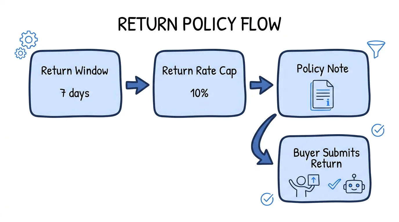 lead buyer portal features return policy shown through a three-part configuration flow diagram