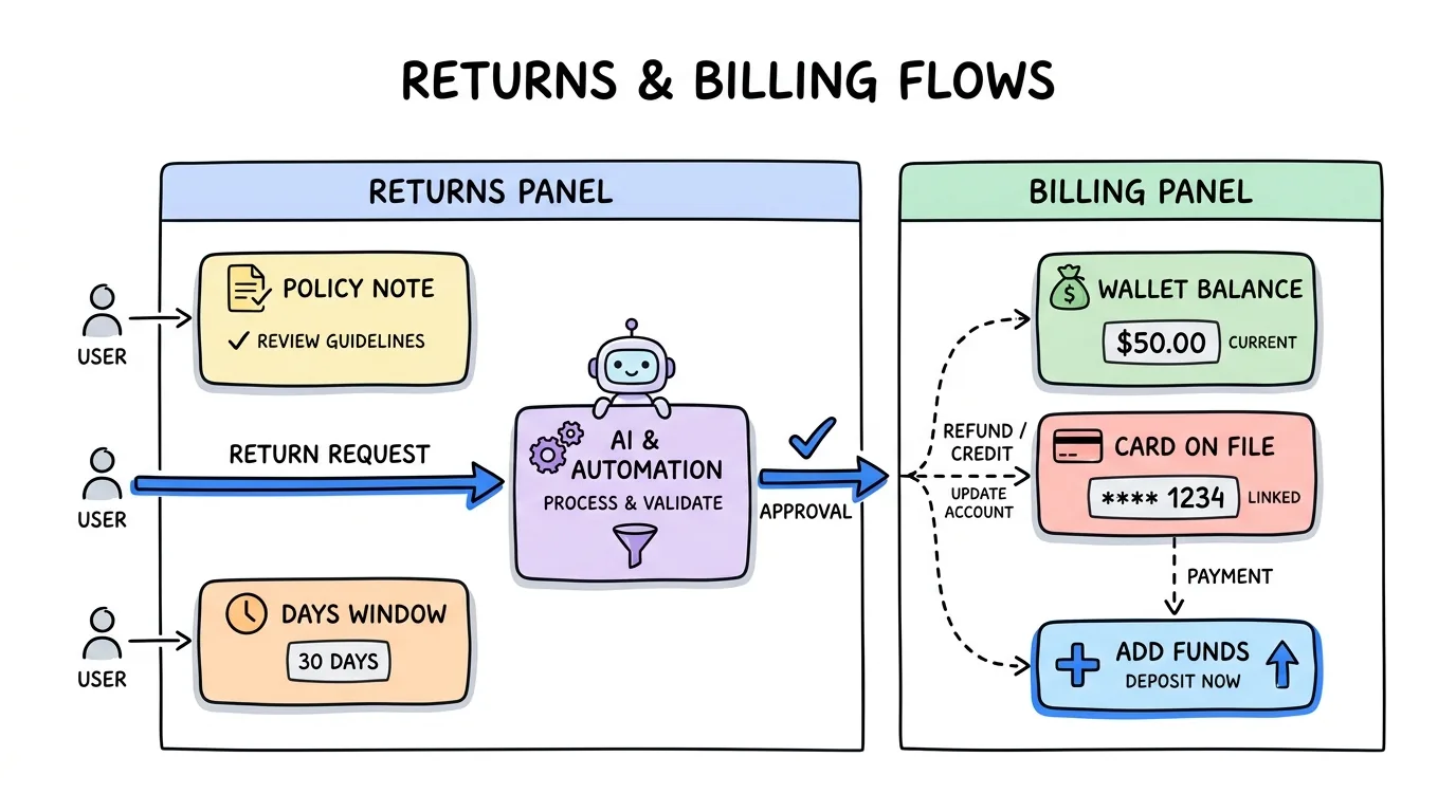 lead buyer portal shown through returns rules and billing controls with policy note, return window, wallet, and card on file