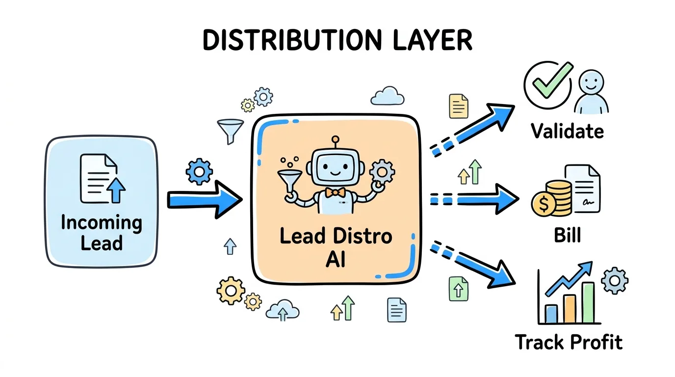lead generation software distribution layer shown through validate, bill, and track profit steps