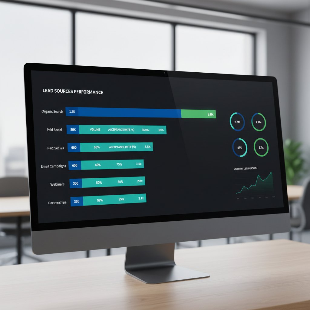 lead tracking software dashboard showing acceptance rate and return on spend by lead source