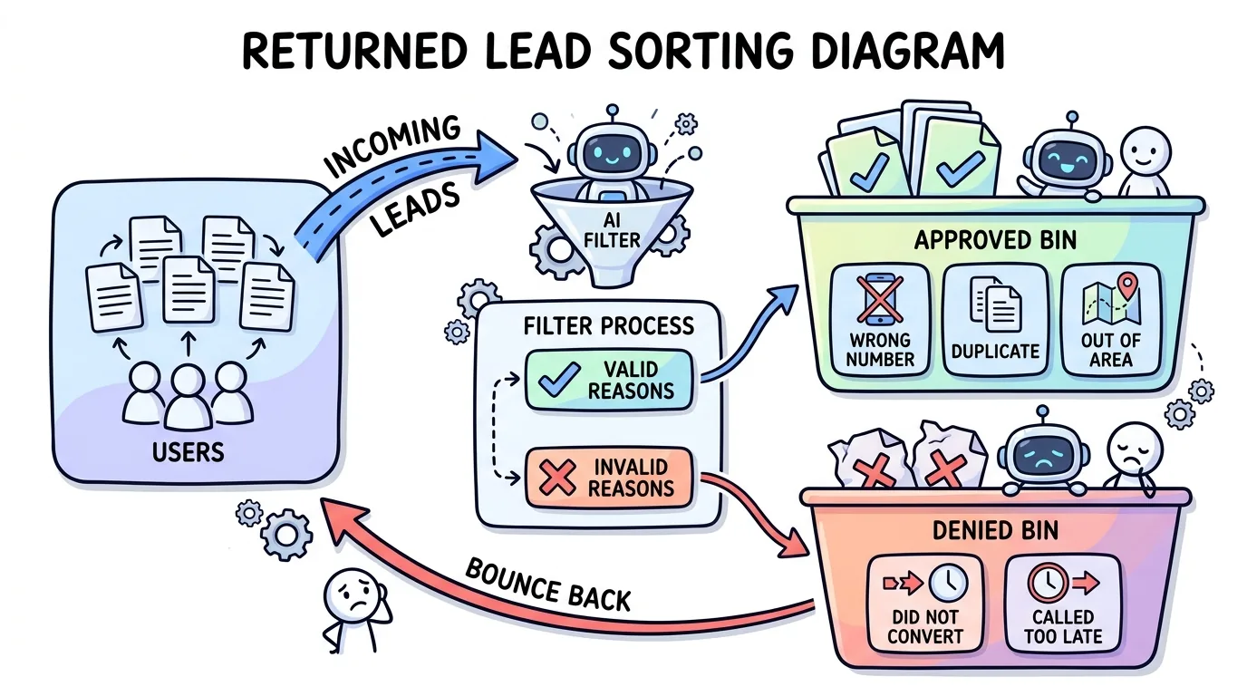 lead return policy valid versus invalid return reasons sorted in a hand-drawn diagram
