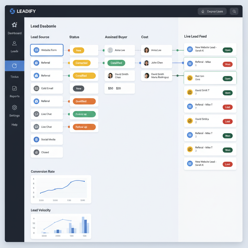 lead tracking software dashboard showing lead source, status, and buyer columns in a pipeline