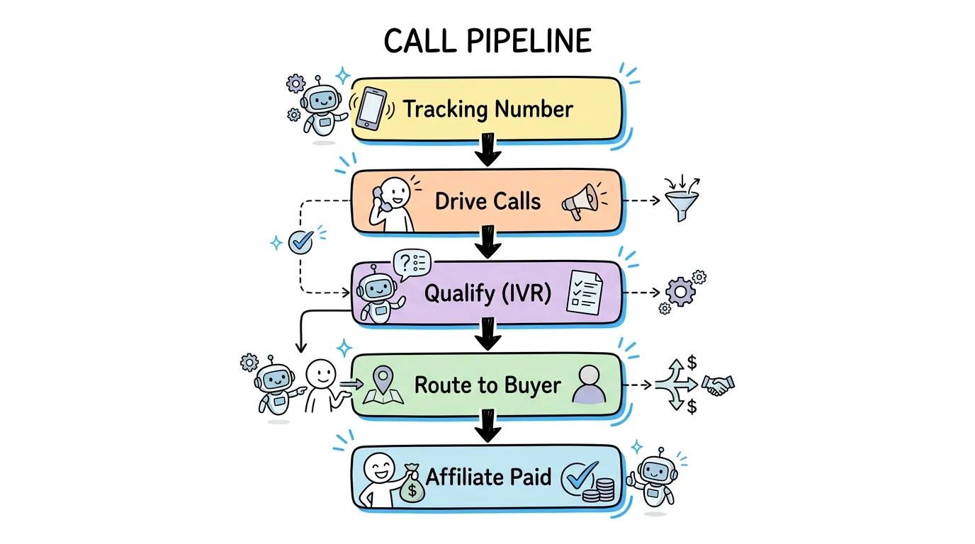 pay per call affiliate marketing shown through a five stage pipeline from tracking number to affiliate payout