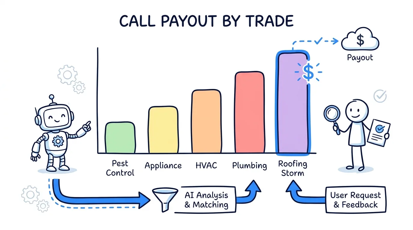 pay per call home services payout shown through a bar chart of call value by trade from pest control up to roofing