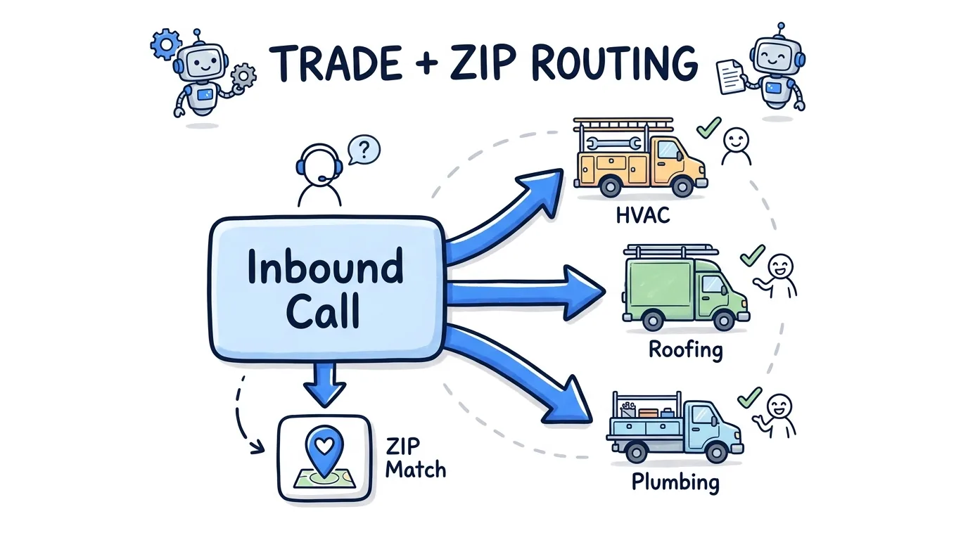 pay per call home services routing shown through one inbound call matched by trade and ZIP to HVAC, roofing, and plumbing contractors