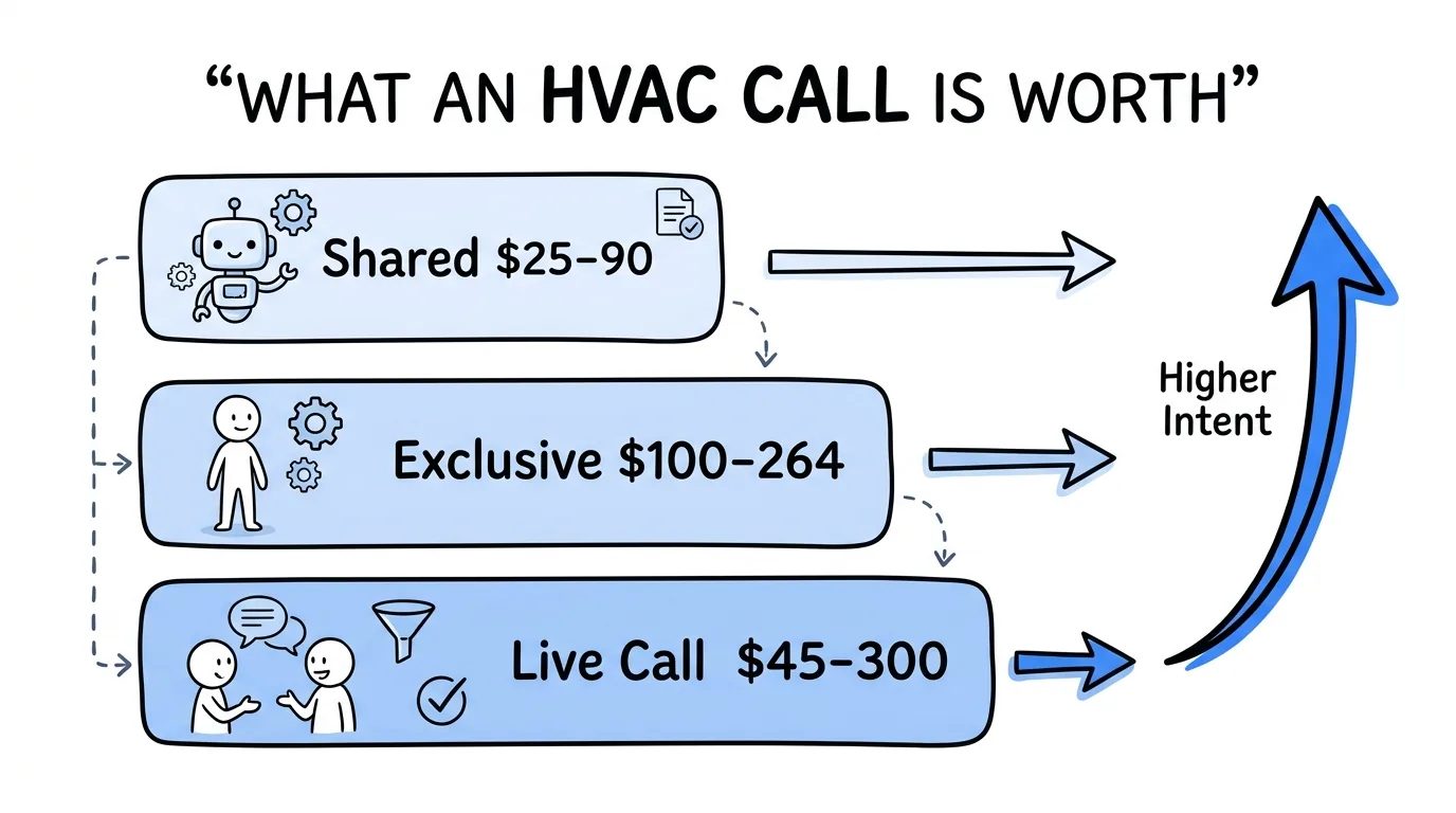 pay per call HVAC leads cost shown through a comparison of shared, exclusive, and live-call HVAC lead types by price