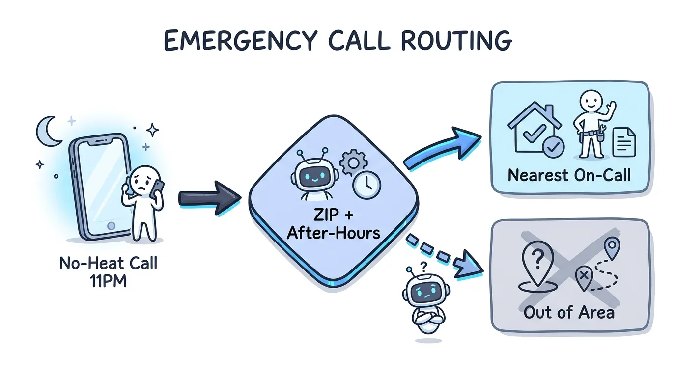 pay per call HVAC leads routing shown through an emergency call matched by ZIP and after-hours rules to the nearest available contractor