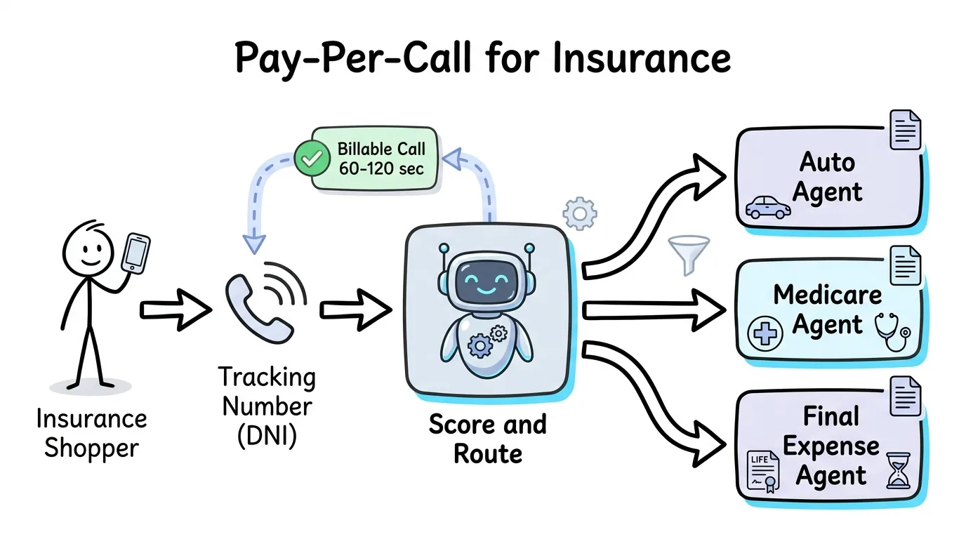 Pay per call insurance leads flow from a shopper through a tracking number and AI routing to auto, Medicare, and final expense buyers