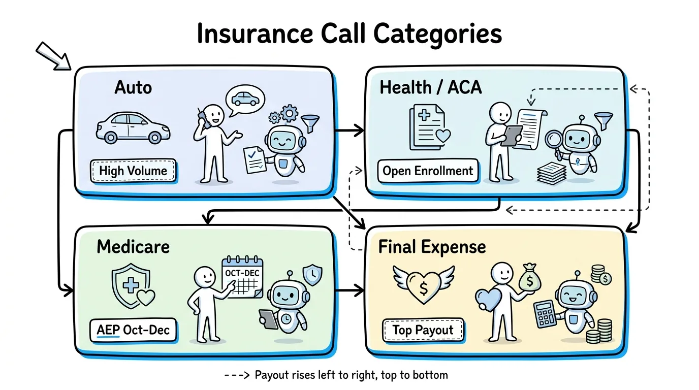 Auto, health ACA, Medicare, and final expense insurance call categories compared by volume, season, and payout