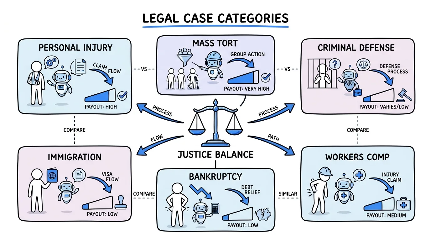 pay per call legal case categories personal injury, mass tort, criminal defense, immigration, bankruptcy, and workers comp compared by intent and payout