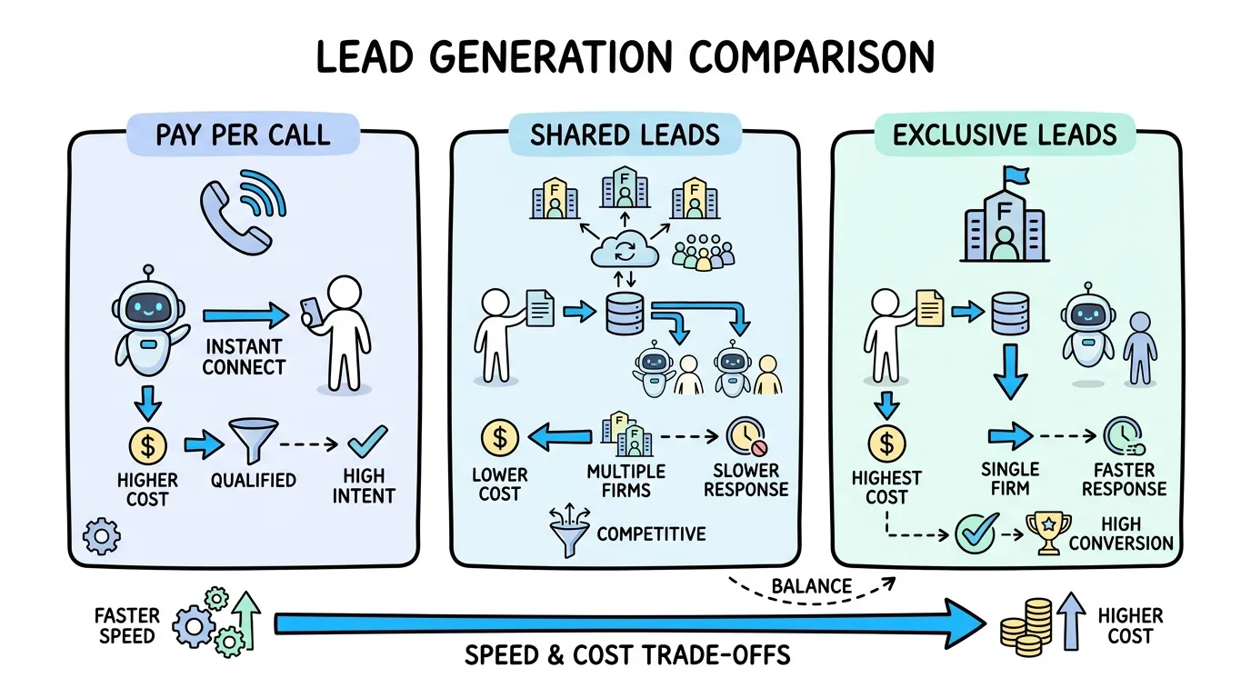 pay per call legal versus shared versus exclusive legal leads compared on speed, cost, and client ownership