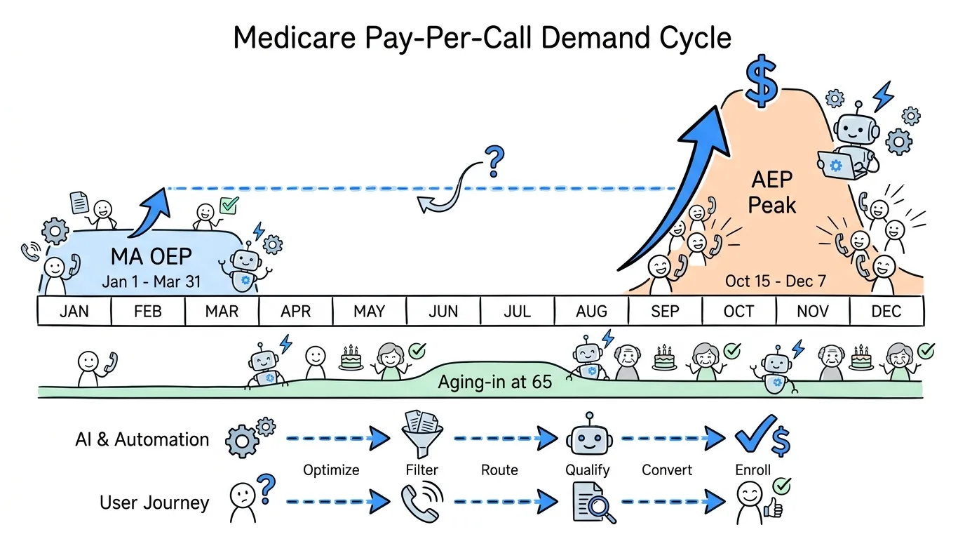 Medicare pay per call demand cycle showing AEP October to December as the peak and Medicare Advantage OEP January to March as the secondary window