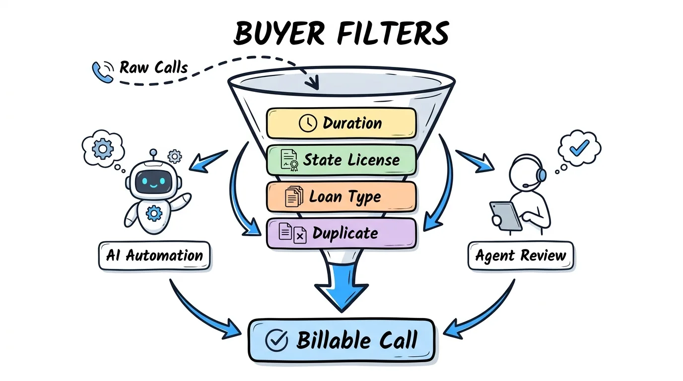 pay per call mortgage leads pass through duration, state license, loan type, and duplicate filters before a call becomes billable