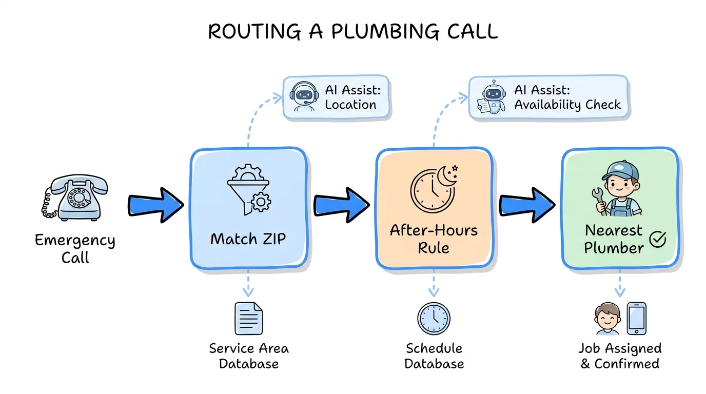 pay per call plumbing leads routing shown through an emergency call matched by ZIP and after-hours rules to the nearest available plumber