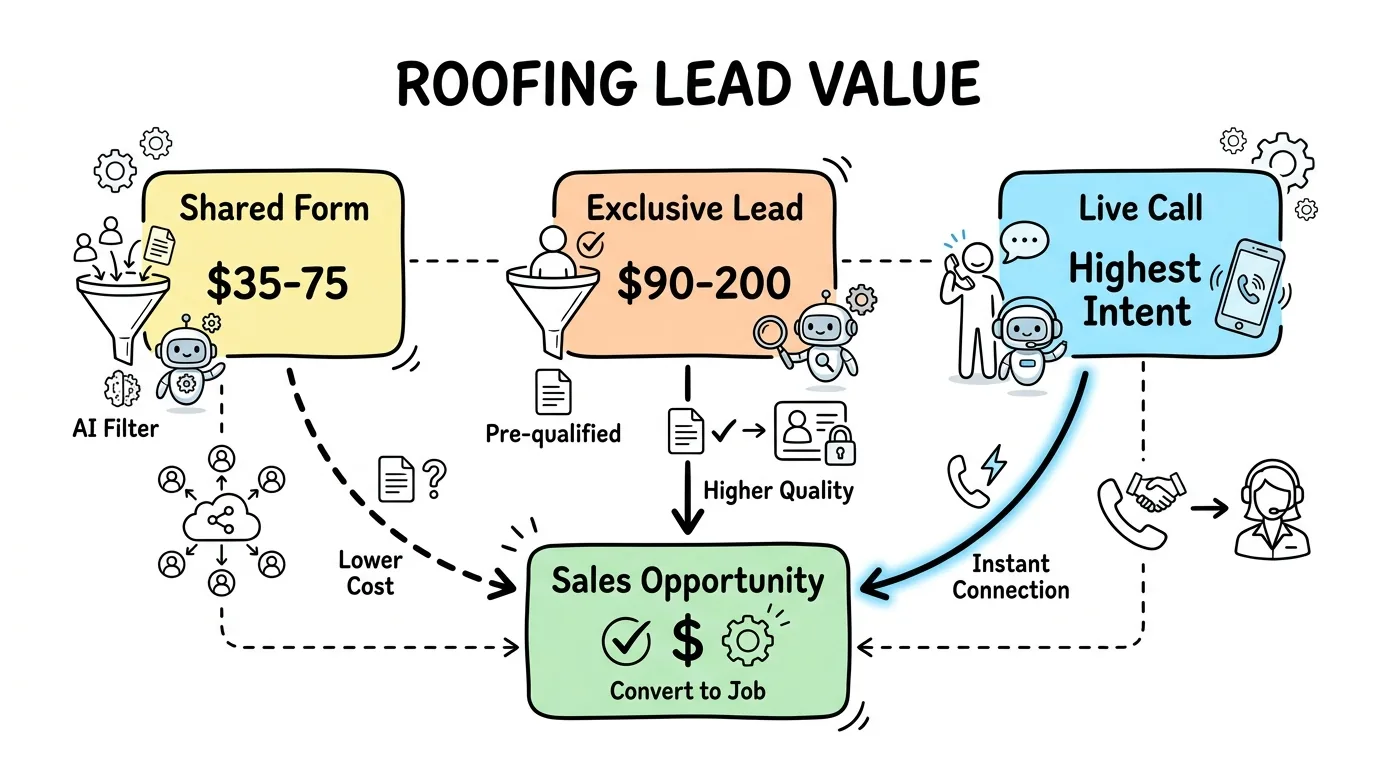 pay per call roofing leads cost shown through a comparison of shared, exclusive, and live-call roofing lead types by price