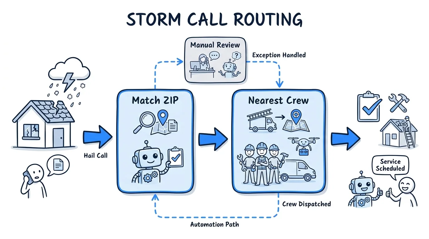 pay per call roofing leads routing shown through a storm-damage call matched by ZIP code to the nearest available roofing crew