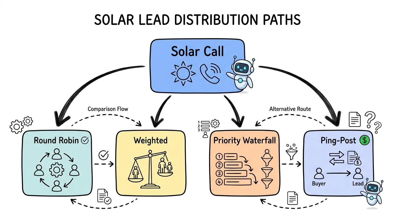pay per call solar routing methods round robin weighted priority waterfall and ping-post